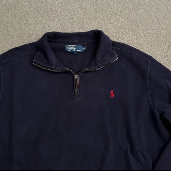 Vintage 1990s Polo by Ralph Lauren Classic 1/4 Zip Cotton Knit Navy Blue Shirt - Picture 3 of 12